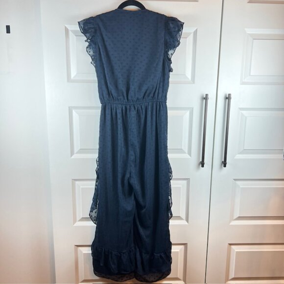 Walter Baker Navy Ruffle Jumpsuit XS Flutter Sleeve Swiss Dot Sheer Overlay - Picture 3 of 12